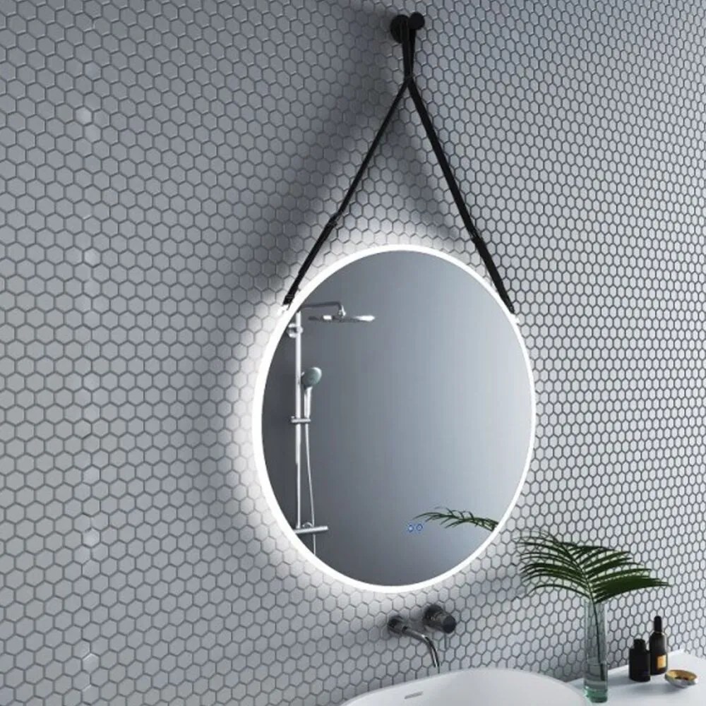 Oglinda cu iluminare si dezaburire Inter Ceramic forma rotunda 80 cm curea neagra