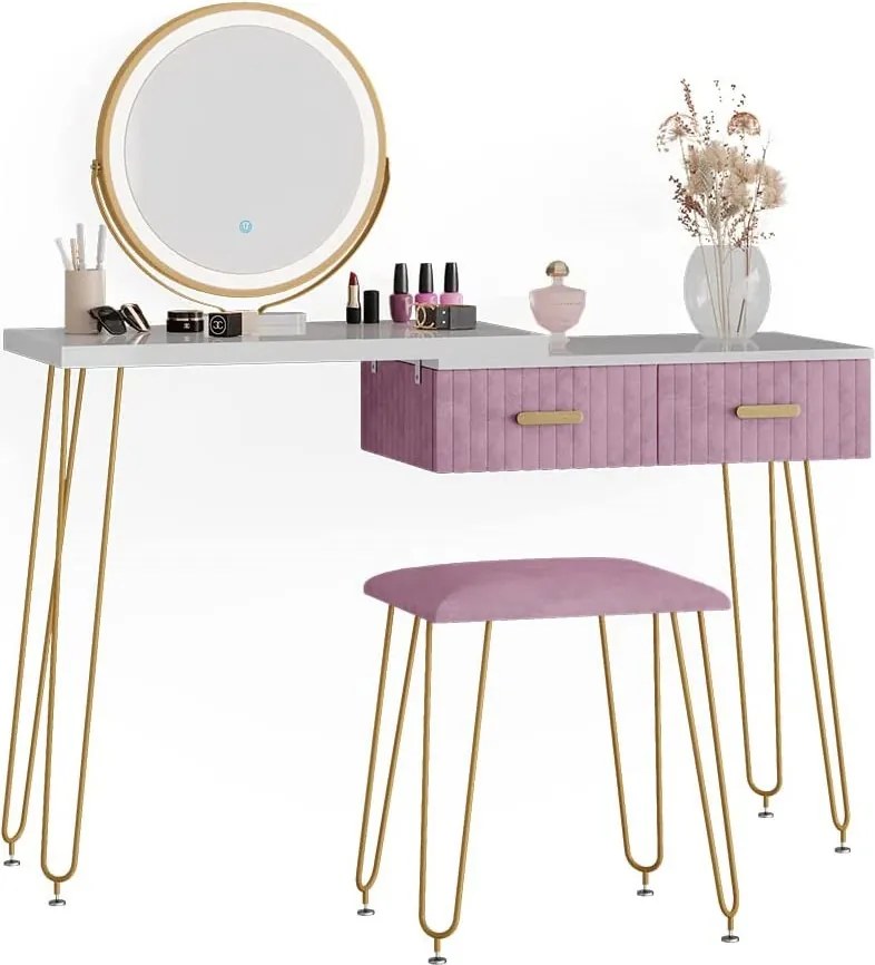 Masuta machiaj cu Oglinda LED si 2 Sertare pentru Cosmetice, Set Masa toaleta 120 cm, Alb, masuta cosmetica, vanity - SEA394