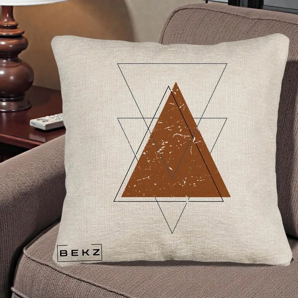 Perna Decorativa Geometric Triunghiuri Sacred, 40x40 cm, Bej Canapea, Husa Detasabila, Perna Inclusa, BEKZ®