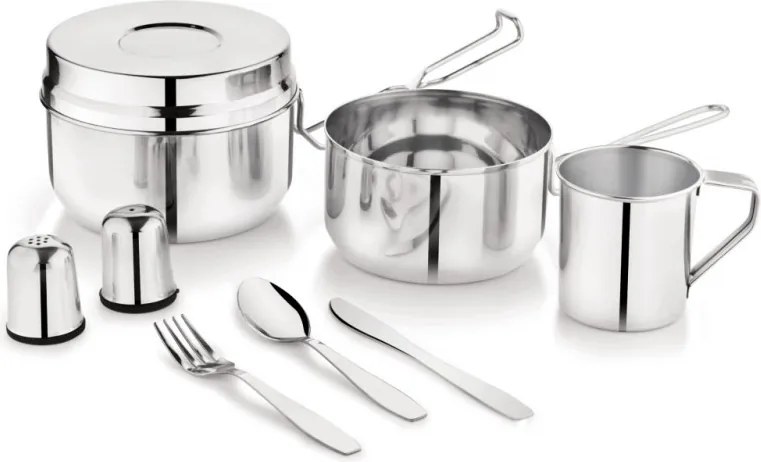 Set de tacamuri si vase pentru camping Kinghoff KH 2060, 9 piese, Otel inoxidabil, Argintiu