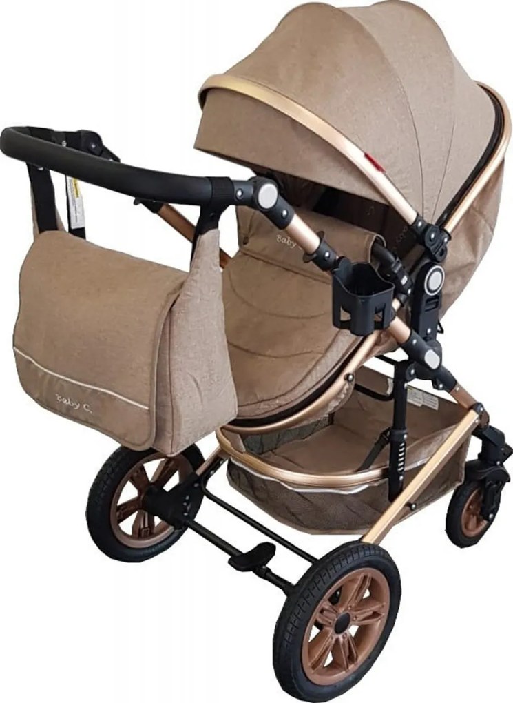 Carucior nou nascuti 3 in 1 Baby Care™ PRO 530 , Cu geanta bebe, Cadru Aluminiu Gold, Amortizoare, Roti din cauciuc plin AVE, Landou, Scoica auto,