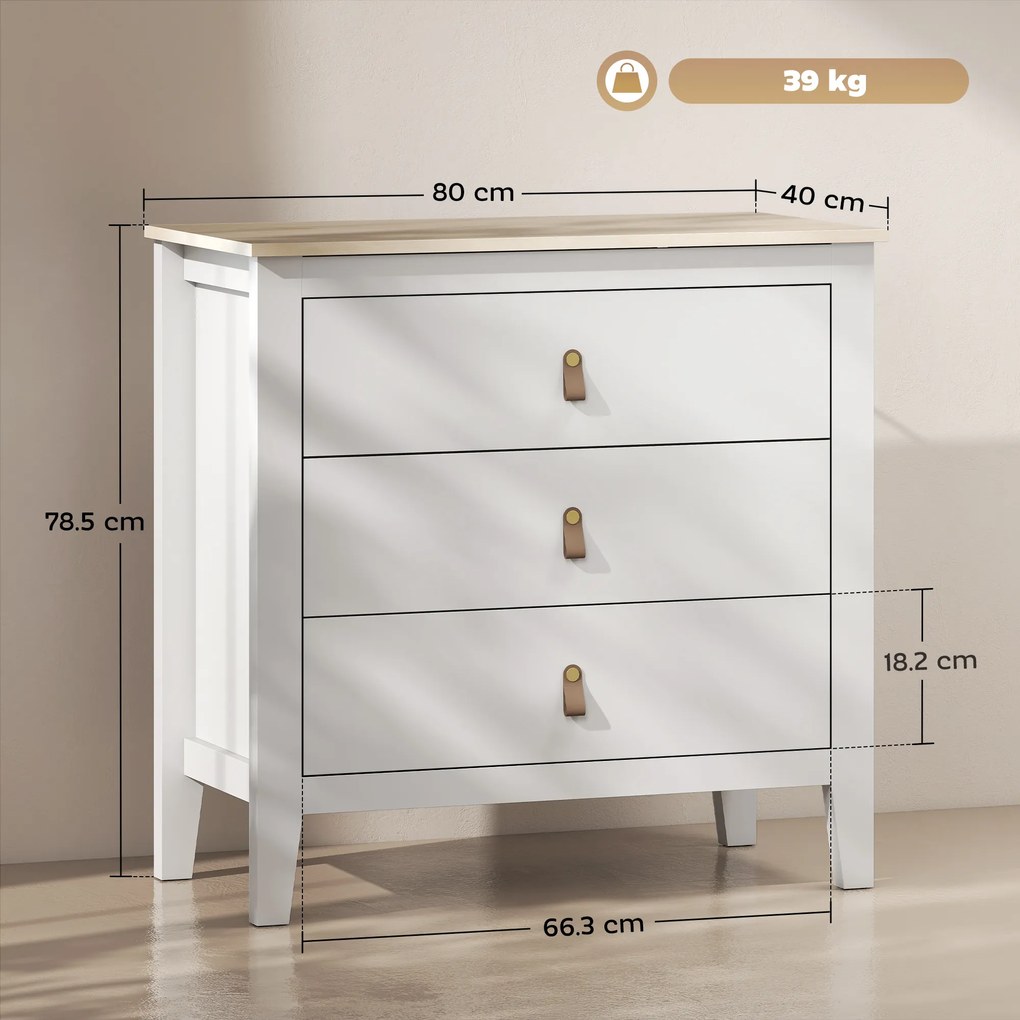 HOMCOM Comodă cu 3 Sertare și Mânere din Piele Ecologică Albă | Aosom Romania