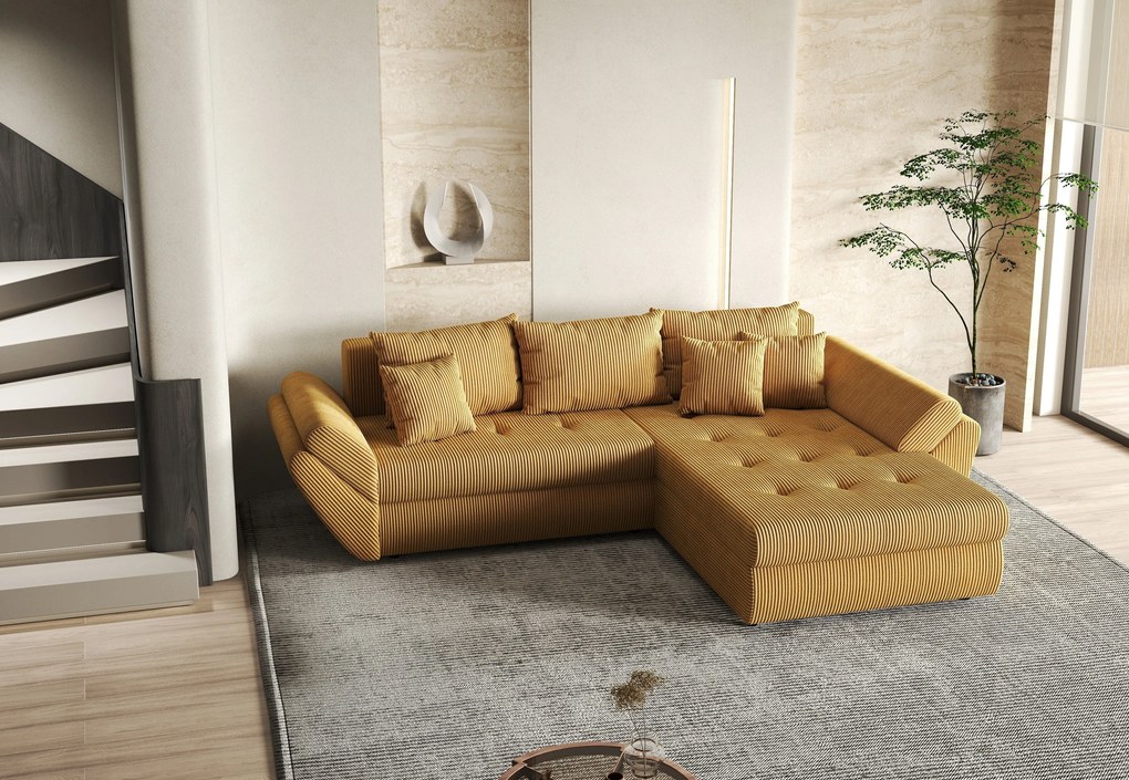 Colțar extensibil dumonde cu ladă de depozitare si sezut confortabil din spuma high-density, Loana Zoom Mustar II 270x185 cm