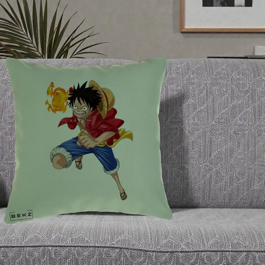 Perna Personalizata One Piece Luffy Gear Second Foc, 40x40 cm, Verde, Husa Detasabila, Perna Inclusa, BEKZ®