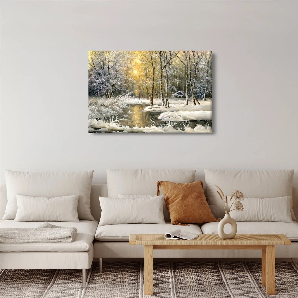Tablou - Cabană în pădure, pictură în uei (90x60 cm)