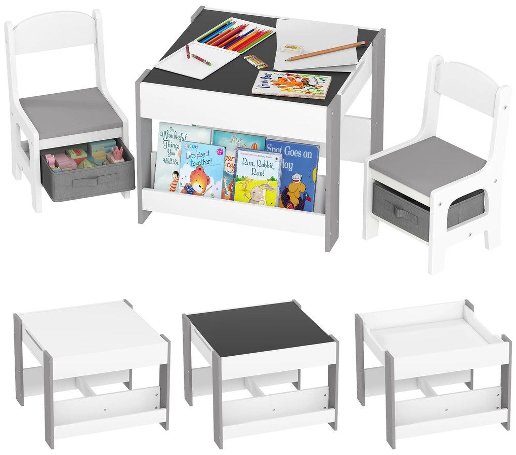 HOMCOM Set de Masă și Scaun pentru Copii, Set de Birou și Scaun pentru Copii 2-în-1 cu Tablă și Rafturi pentru Cărți, 61.5x61.5x48 cm, Gri | Aosom Romania