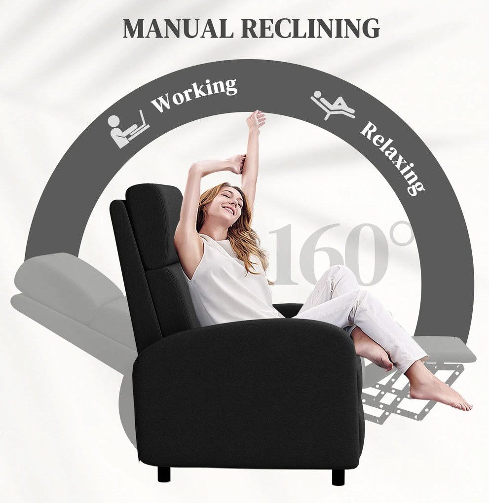 HOMCOM Fotoliu Relax Rabatabil Manual 160° cu Suport pentru Picioare, Fotoliu Ergonomic Tapițat cu Aspect de In pentru Dormitor, Birou, Living și Sufragerie, Negru | Aosom Romania