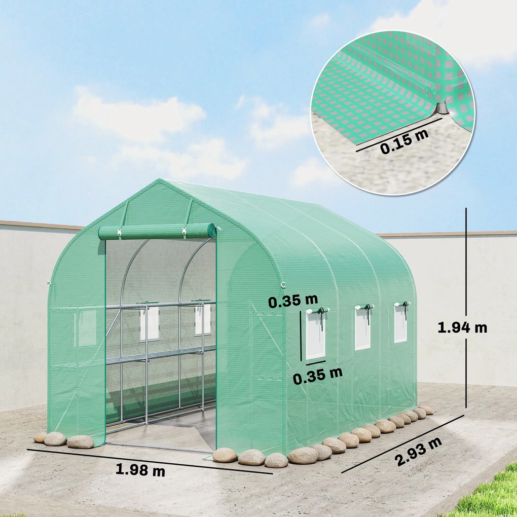 Outsunny Seră tunel de grădină 6 m², seră de grădină cu rafturi, ușă și 6 ferestre, cadru din oțel galvanizat, verde | Aosom Romania