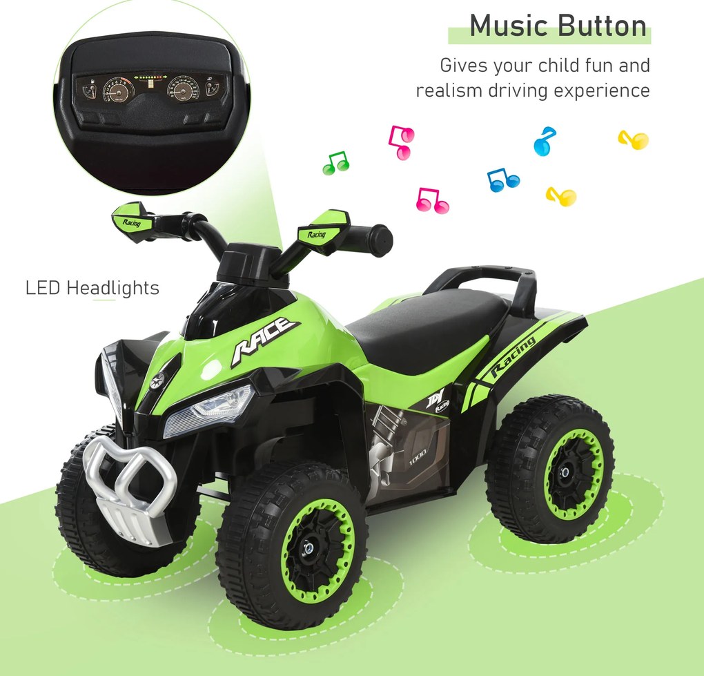 HOMCOM Mini ATV, Motocicletă pentru Copii 18-36 Luni cu Melodii Integrate și Ghidon Larg, 67,5x38x44 cm, Verde | Aosom Romania