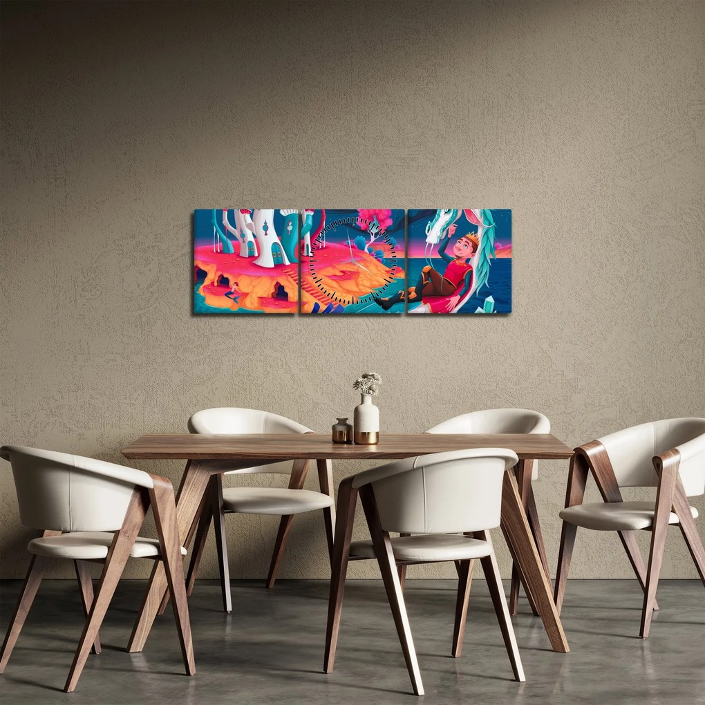 Tablou - Prinț și prințesa cu dragon (cu ceas) (90x30 cm)