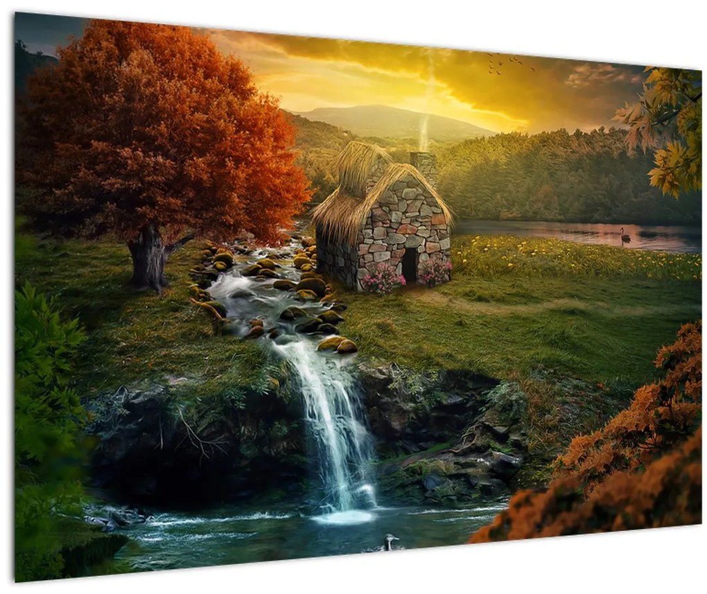 Tablou cu căbănuță în peisaj de poveste (90x60 cm)