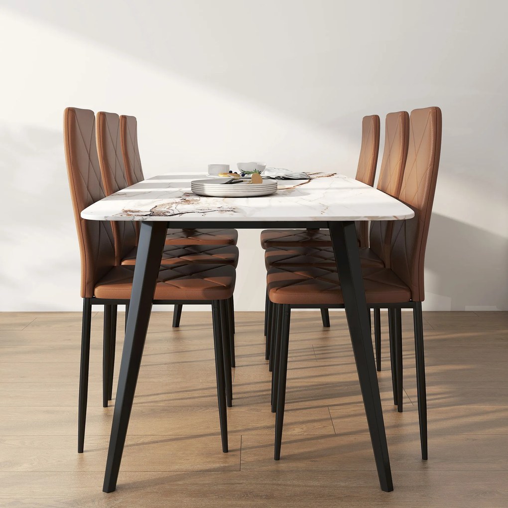 HOMCOM Set de 6 Scaune de Dining Moderne cu Spătar Înalt, din Piele Ecologică și Oțel, 41x50x97 cm, Maro | Aosom Romania
