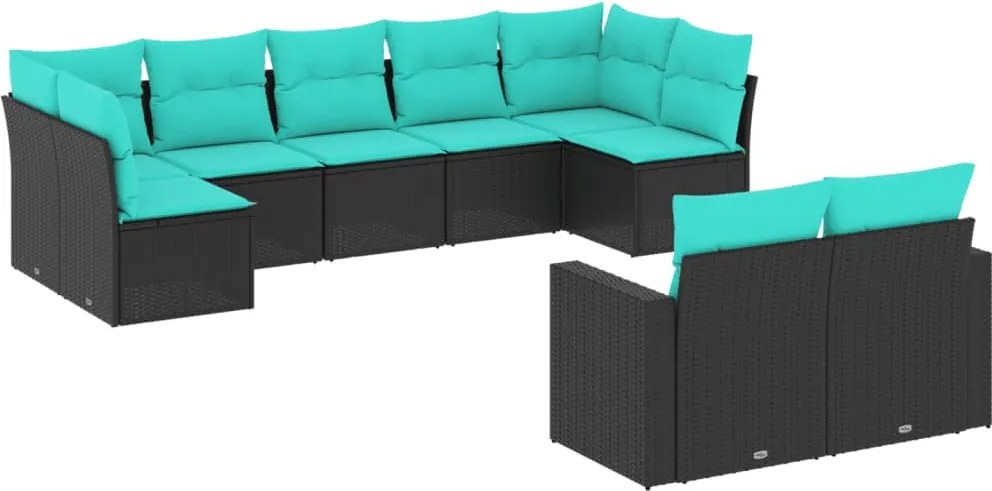 vidaXL Set mobilier de grădină cu perne, 9 piese, negru, poliratan