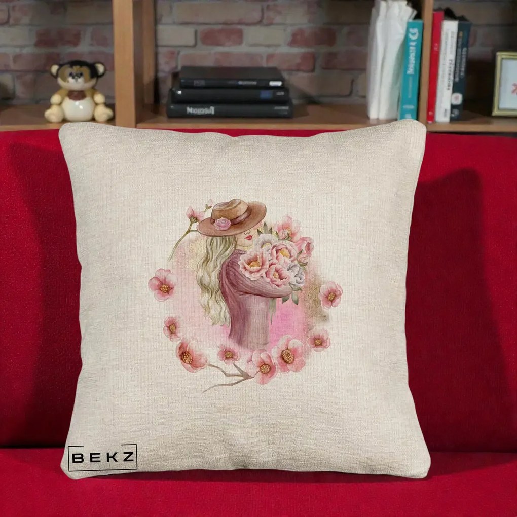 Perna Decorativa Femeie cu Flori Roz Acuarela, 40x40 cm, Bej Canapea, Husa Detasabila, Perna Inclusa, BEKZ®
