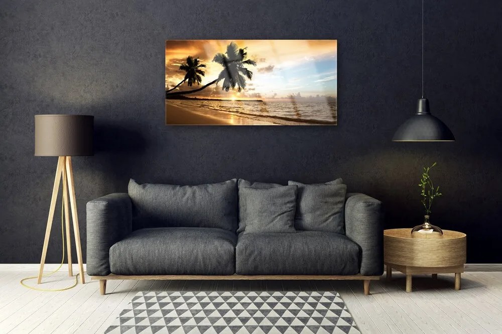 Tablou pe sticla Palm Trees Sea Beach Peisaj Galben Negru Albastru