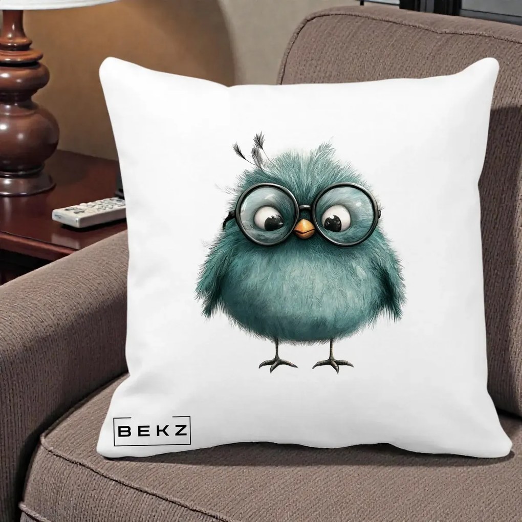 Perna Decorativa Pui Teal cu Ochelari Rotunzi, 40x40 cm, Alba Mata, Husa Detasabila, Perna Inclusa, BEKZ®