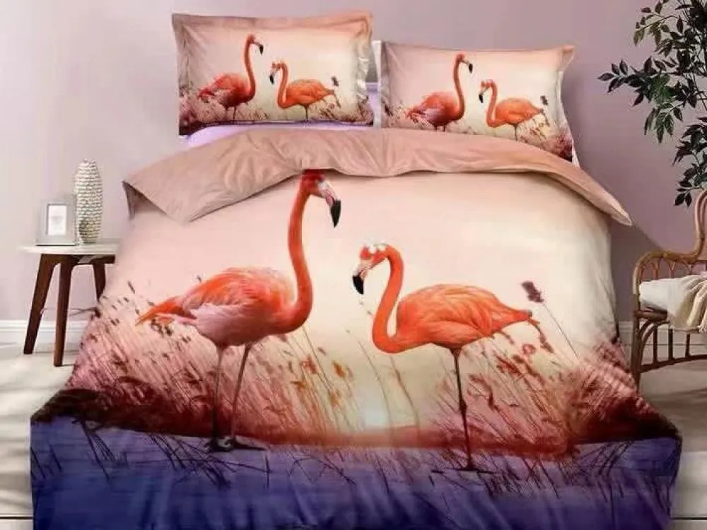 Lenjerie pat dublu  BUMBAC FINET  6 piese  Somon-Mov  flamingo