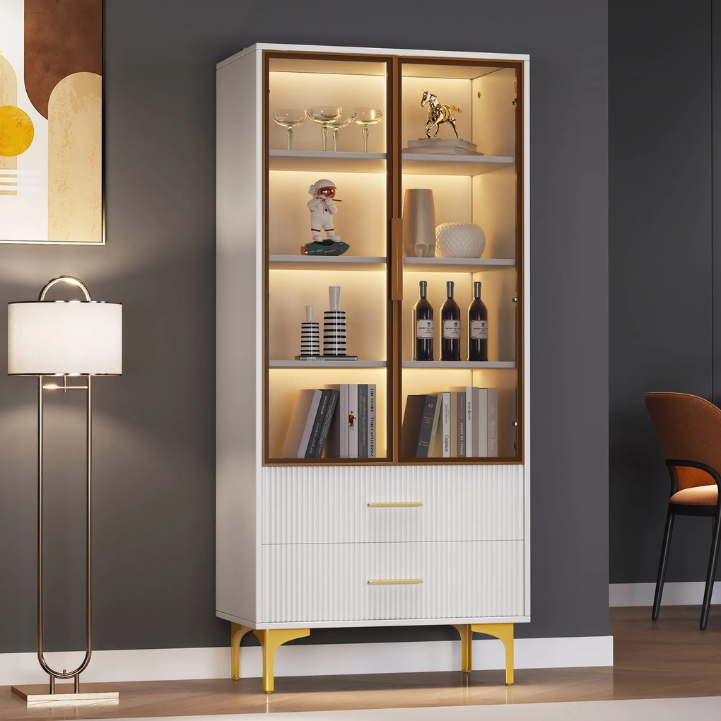 Vitrină Elegantă din Sticlă, cu Picioare Aurii și Rafturi Reglabile, Iluminare LED Multicoloră, potrivită pentru living, birou, 70x35x150 cm, Albă