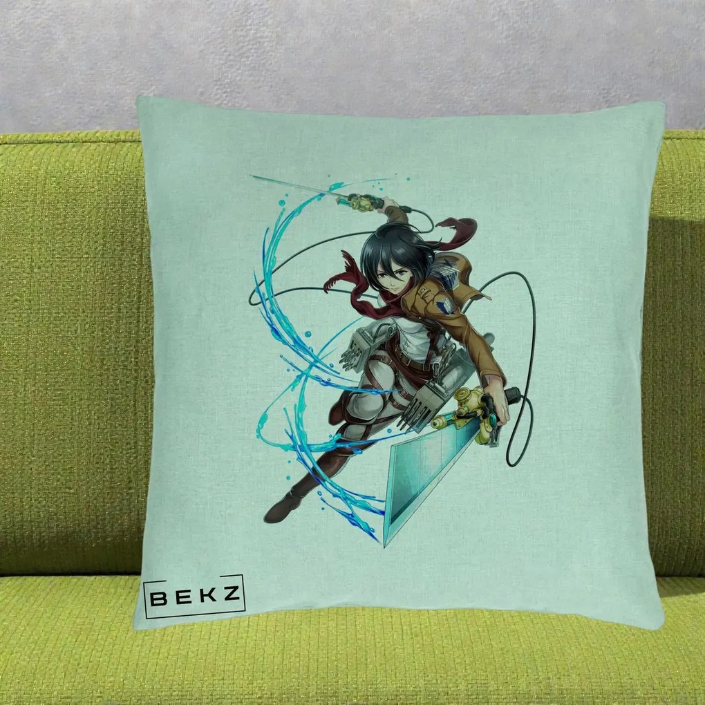 Perna Personalizata Attack on Titan Mikasa Ackerman Lupta, 40x40 cm, Verde Menta, Husa Detasabila, Perna Inclusa, BEKZ®