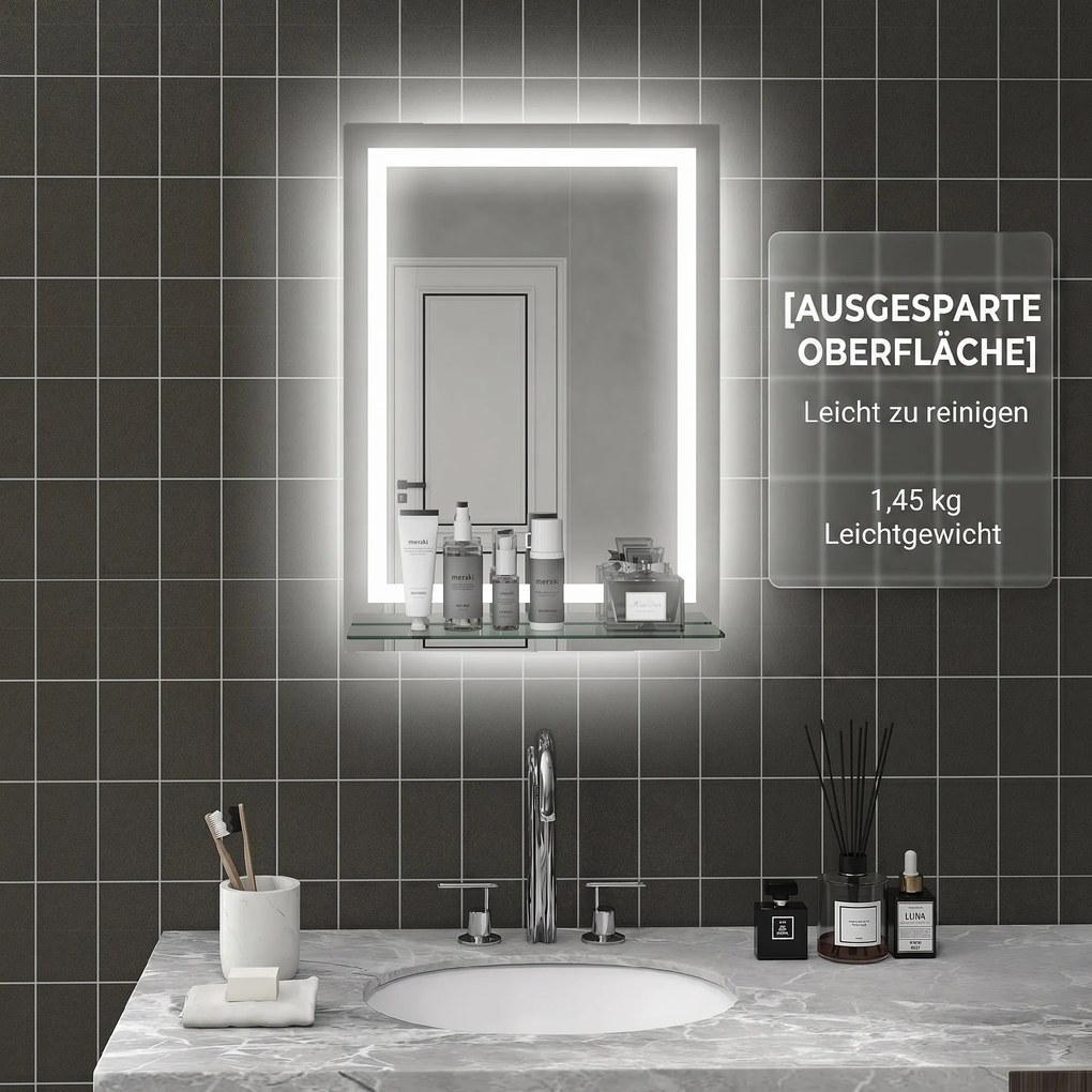 Kleankin Oglindă de Baie cu Lumini LED în 3 Culori Reglabile și Raft din Sticlă, 50x12x70 cm, Argintiu | Aosom Romania
