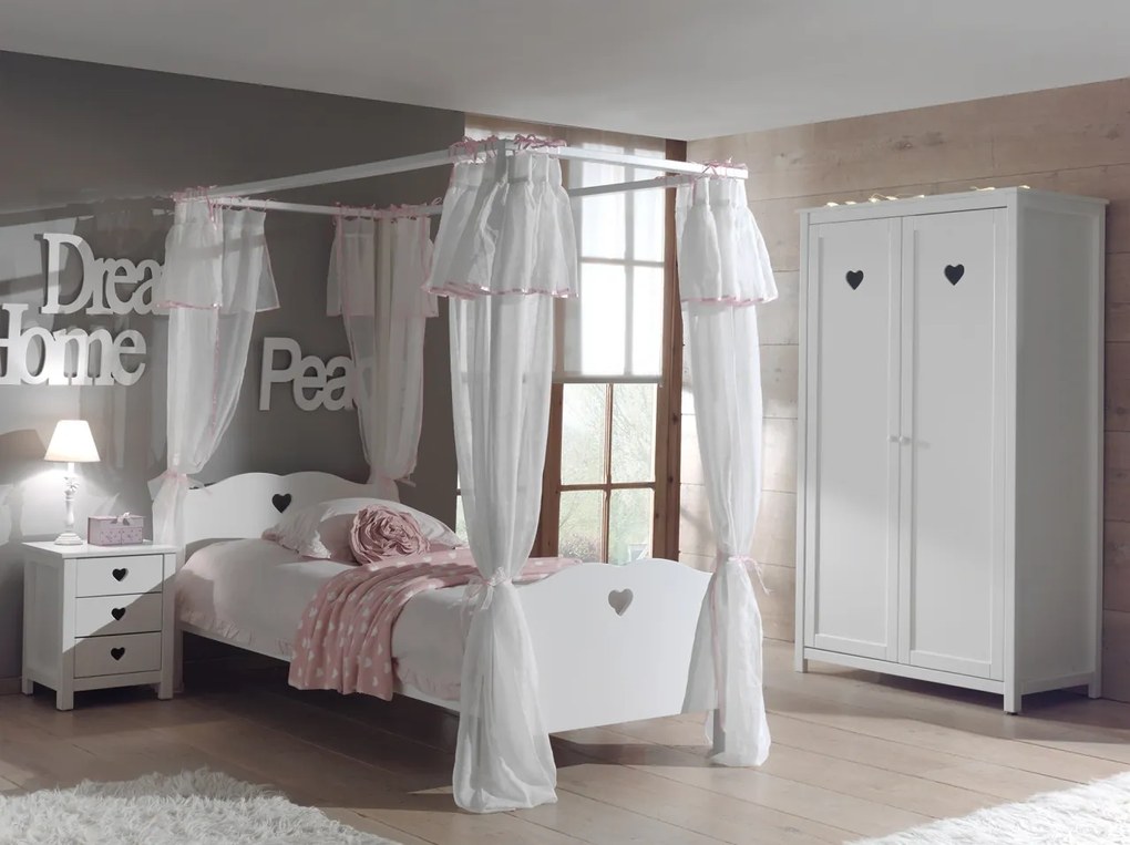 Set AMORI în alb format dintr-un Pat copii cu baldachin (90 x 200 cm) cu setul de textile asortat, o noptieră și un Dulap camera copii cu 2 uși.