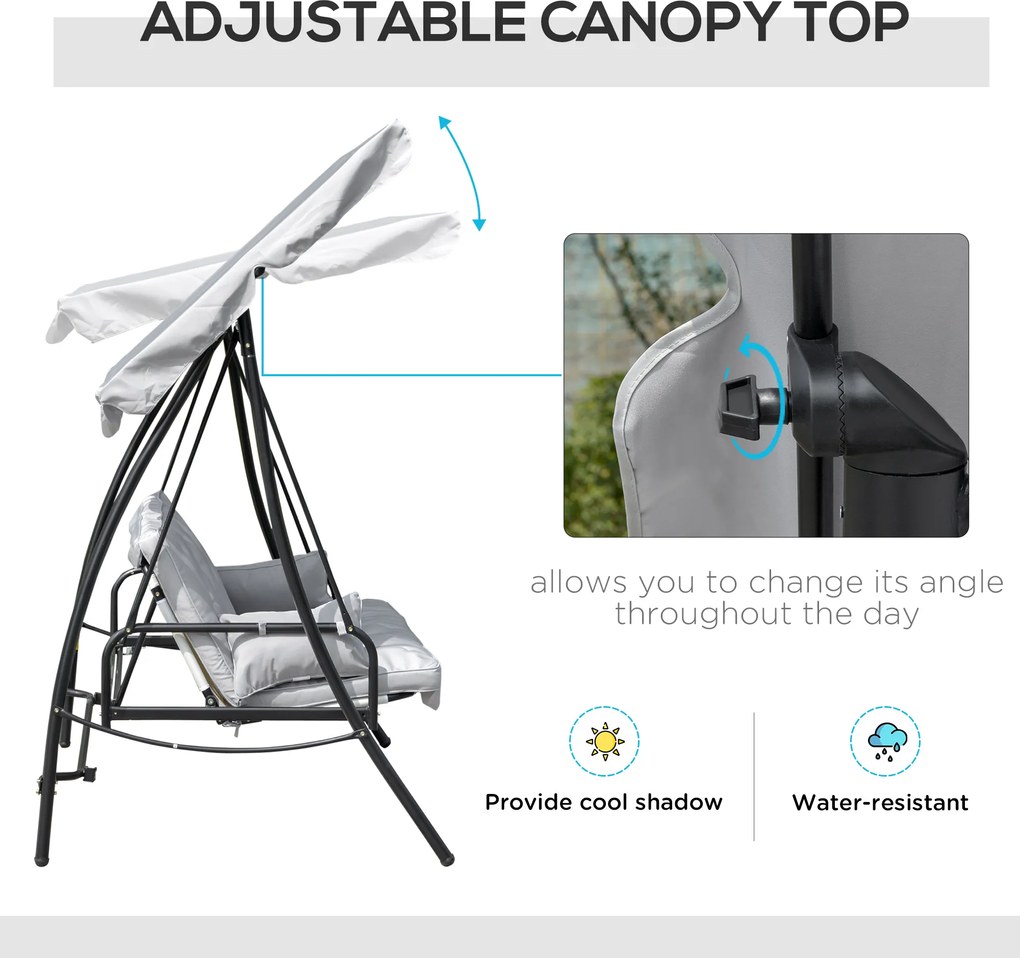 Balansoar de Gradina Outsunny 3 Locuri cu Acoperis Rabatabil Convertibil Pat Poliester Crem 209 cm x 114 cm x 170 cm