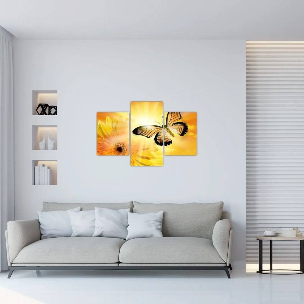 Tablou - Fluture galben cu flori (90x60 cm)