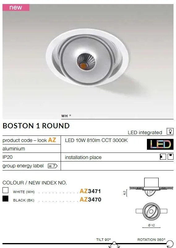 Spot LED incastrabil directionabil de tavan/plafon BOSTON 1 ROUND alb ZZ AZ3471