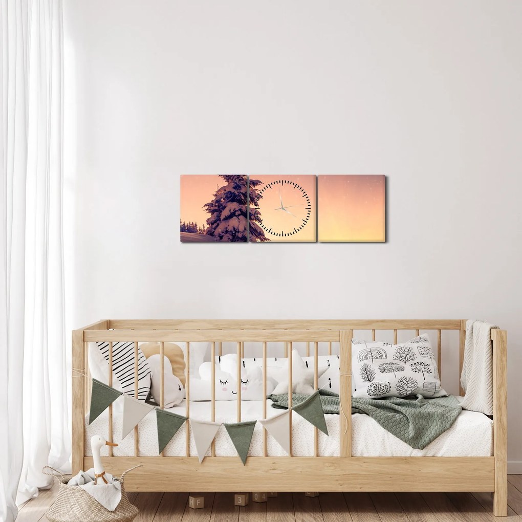 Tablou cu copac înzăpezit pe luncă (cu ceas) (90x30 cm)