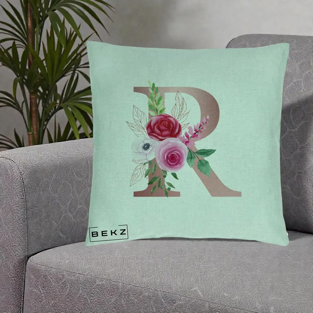 Cadou Personalizat - Perna Personalizata Monograma Rose Gold Litera R, 40x40 cm, Verde Menta, Husa Detasabila, Perna Inclusa, BEKZ®