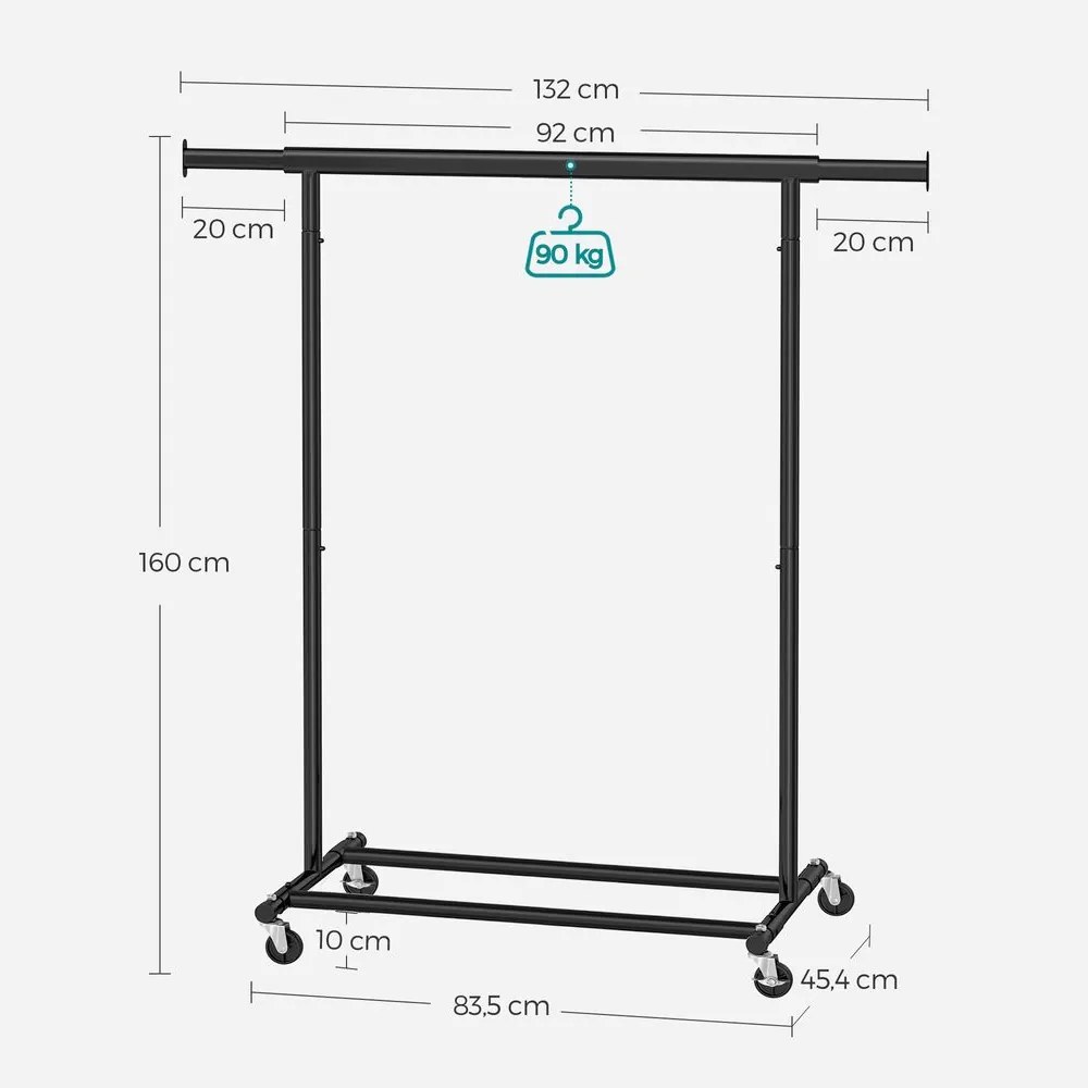 Suport pentru haine INEZ cu roți, max.90kg, 83,5x45x160cm, negru SongmicsHome