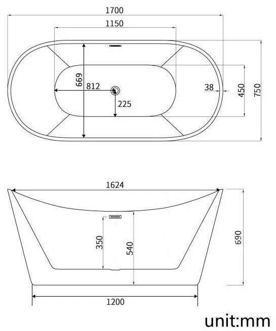 Cada freestanding Juno 170x75 cm alb-negru