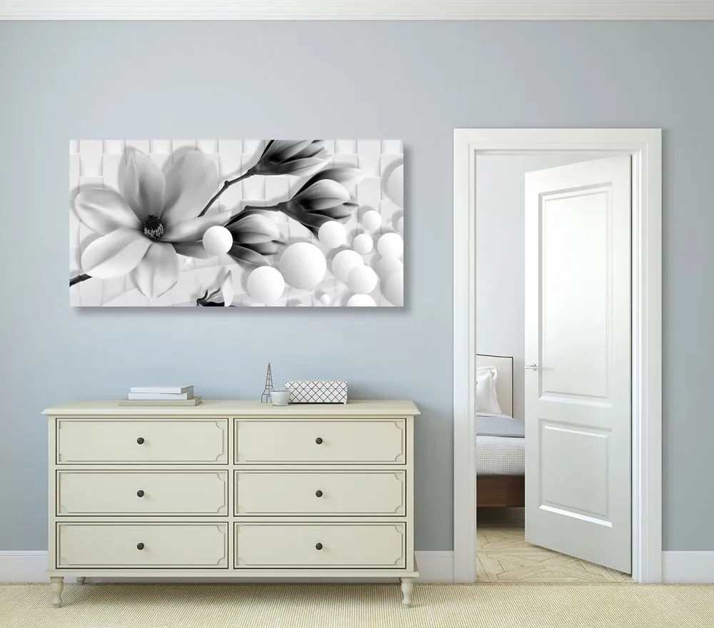 Tablou magnolie cu elemente abstracte alb-negru