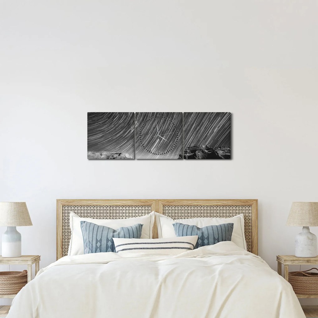 Tablou albnegru cu cerul și stele (cu ceas) (90x30 cm)