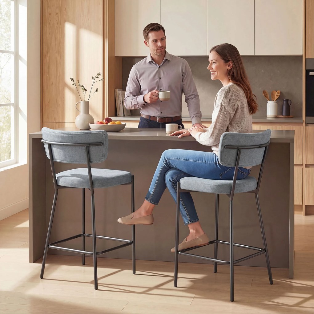 HOMCOM Set de 2 Scaune de Bar cu Spătar și Tapițate, Scaune Înalte din Material Textil cu Bară pentru Sprijinirea Picioarelor și Structură Metalică, Ușor de Asamblat, Gri Deschis | Aosom Romania