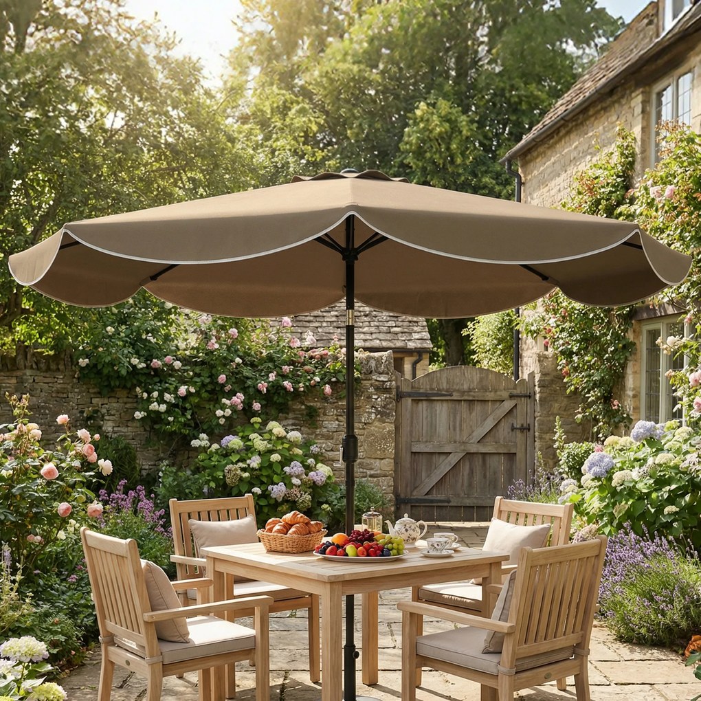 Outsunny Umbrelă Terasă Exterioară Ø2,7 m cu Înclinare Reglabilă 3 Poziții Manivelă și Volant Khaki | Aosom Romania