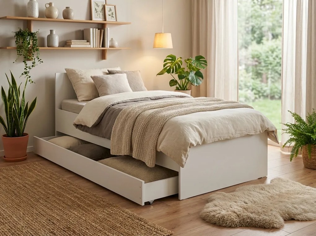 Pat ELISA 90 x 200 cm, alba Saltele: Cu saltele Coco Maxi 20 cm, Somiera pat: Cu lamele drepte