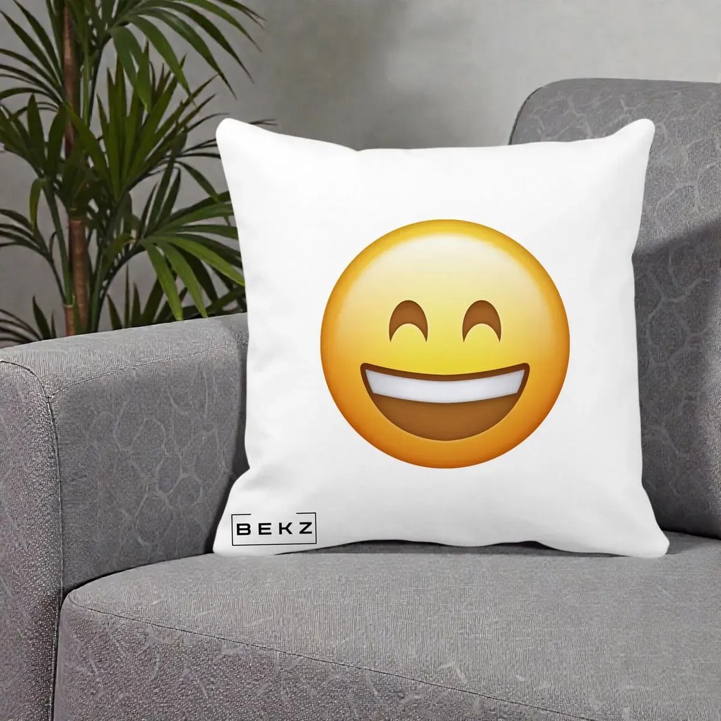 Perna Decorativa Emoji Zambet Mare, 40x40 cm, Alba Mata, Husa Detasabila, Perna Inclusa, BEKZ®