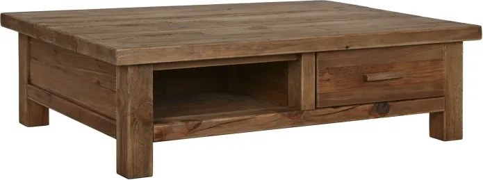 Măsuță de cafea dreptunghiulară din lemn reciclat, natur, cu 2 sertare și nișă deschisă, finisaj mat, 38 x 130 x 90 cm, „Norwyn” – Ethnic Collections