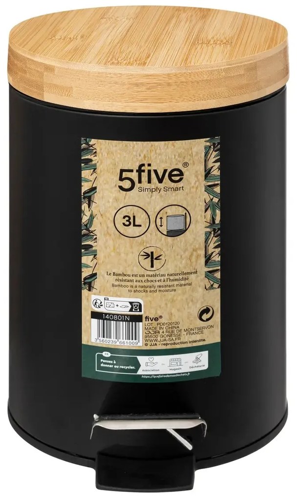 Cos de gunoi cu capac din bambus NATUREO 3L, negru