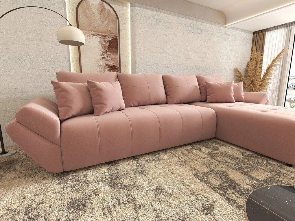 Colțar extensibil dumonde cu ladă de depozitare si sezut confortabil din spuma high-density, Berlin XL Royal Roz 350x185 cm II