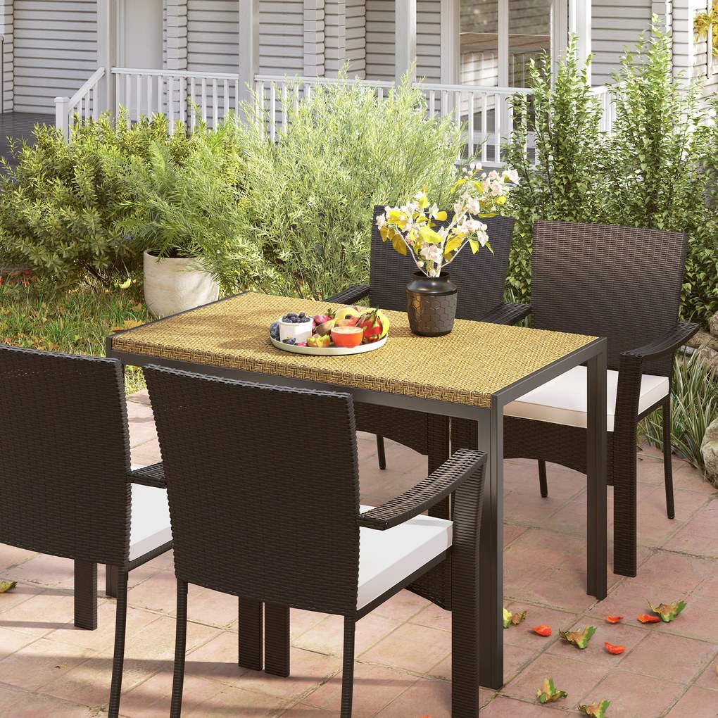Outsunny Masă de grădină rectangulară 4 persoane din oțel și blat din rășină imitând răchita PE, dim. 120L x 70l x 72Î cm | Aosom Romania