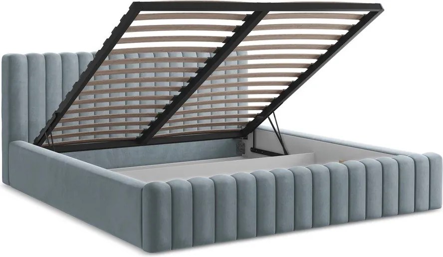 Pat matrimonial albastru deschis tapițat cu spațiu de depozitare cu somieră 160x200 cm Lemi – Makamii
