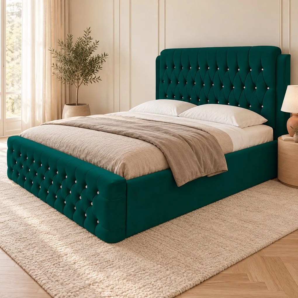 Pat tapițat Chesterfield din catifea Aveline Deluxe 160×200 cm, verde, cu ladă de depozitare