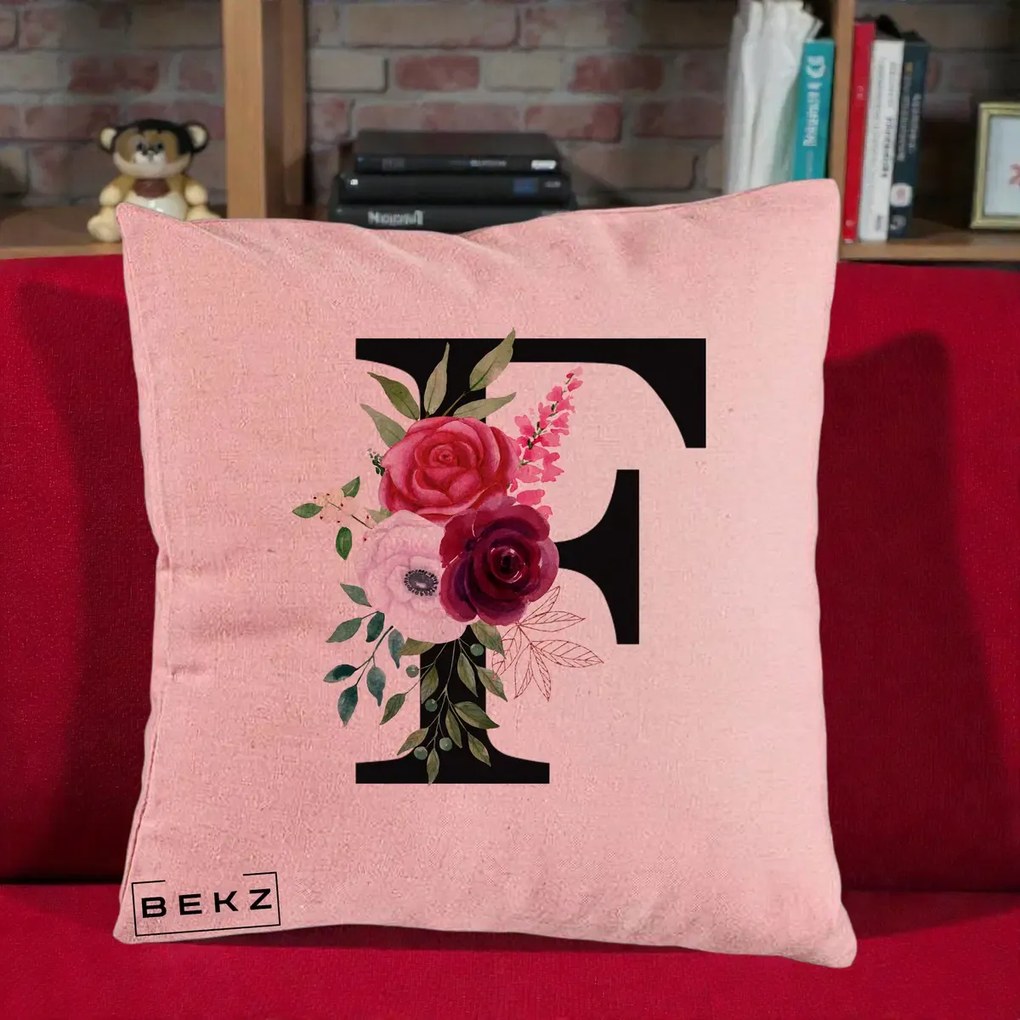 Cadou Personalizat - Perna Personalizata Monograma Florala Litera F, 40x40 cm, Roz, Husa Detasabila, Perna Inclusa, BEKZ®