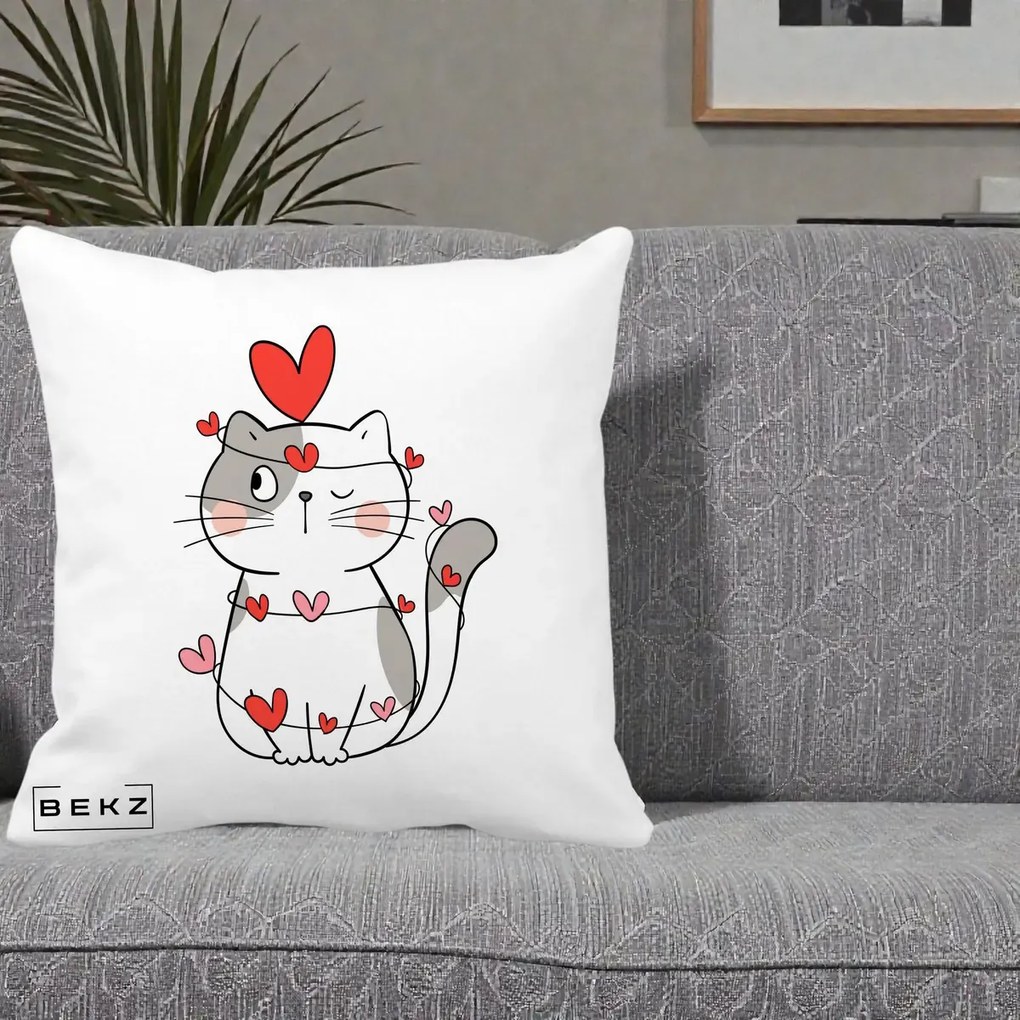 Perna Decorativa Pisica Kawaii cu Inimi, 40x40 cm, Alba Mata, Husa Detasabila, Perna Inclusa, BEKZ®