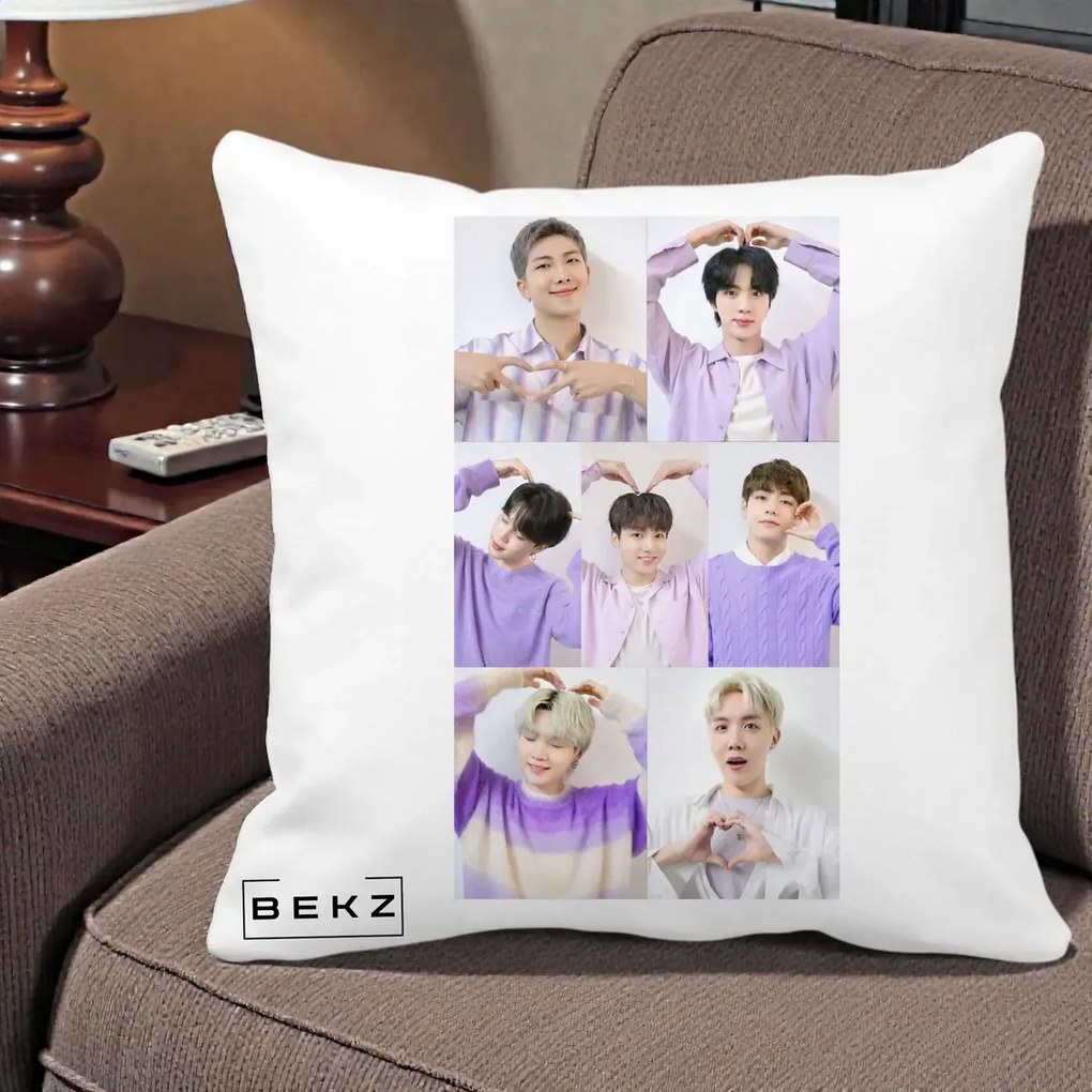 Perna Personalizata K-pop BTS Colaj 7 Portrete cu Inimi Lila, 40x40 cm, Alba Mata, Husa Detasabila, Perna Inclusa, BEKZ®
