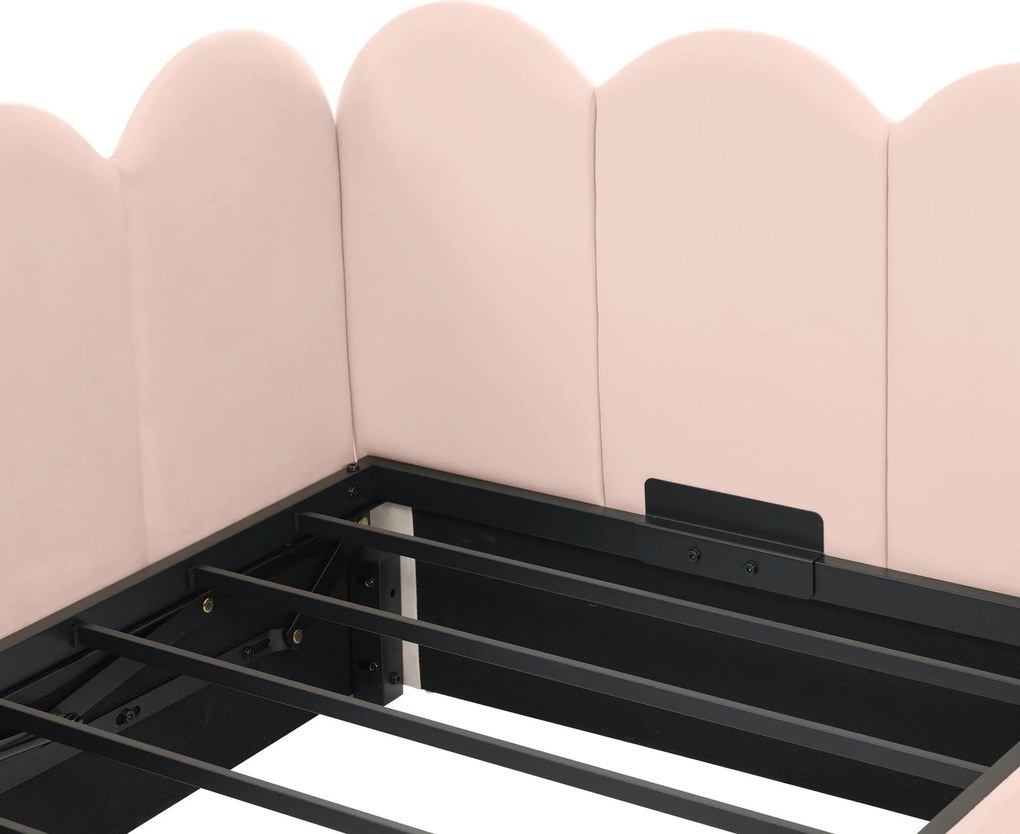 Pat de zi tapițat cu spațiu de depozitare hidraulic, tapițerie din catifea și somieră cu lamele metalice, fără saltea, 90x200 cm, Roz