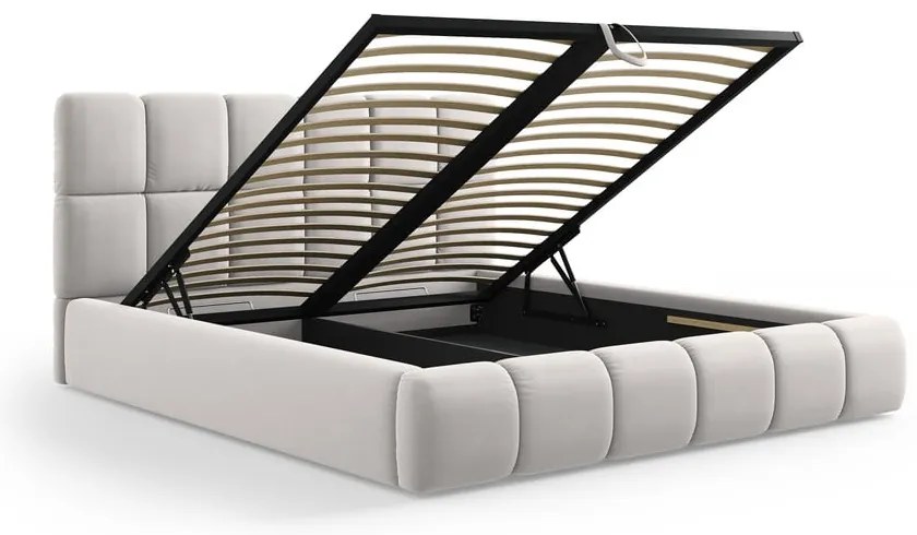 Pat matrimonial gri deschis tapițat din catifea cu spațiu de depozitare cu somieră 180x200 cm Bellis – Micadoni