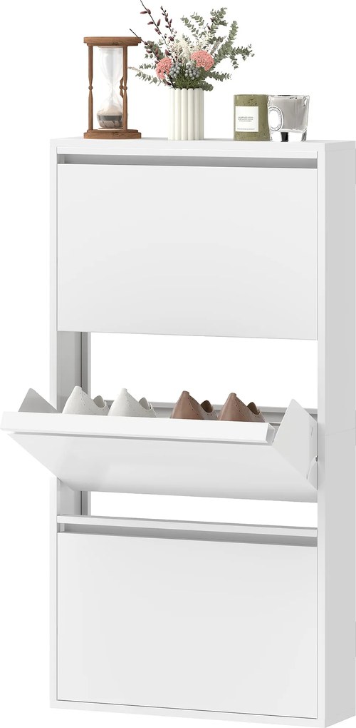 HOMCOM Dulap pantofi metalic cu 3 compartimente rabatabile, dulap îngust, montare pe perete, pentru 6 perechi, Alb | Aosom Romania